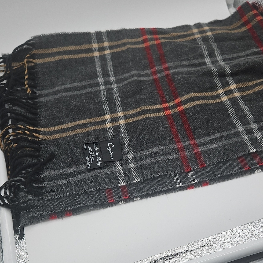 Cejon Gray Plaid Scarf with Red and Tan Stripes
